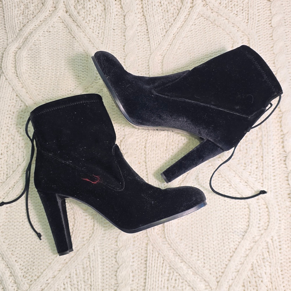 Stuart Weitzman Perfection Ankle Boots Black Velvet Tie Back Womens 10 M‎